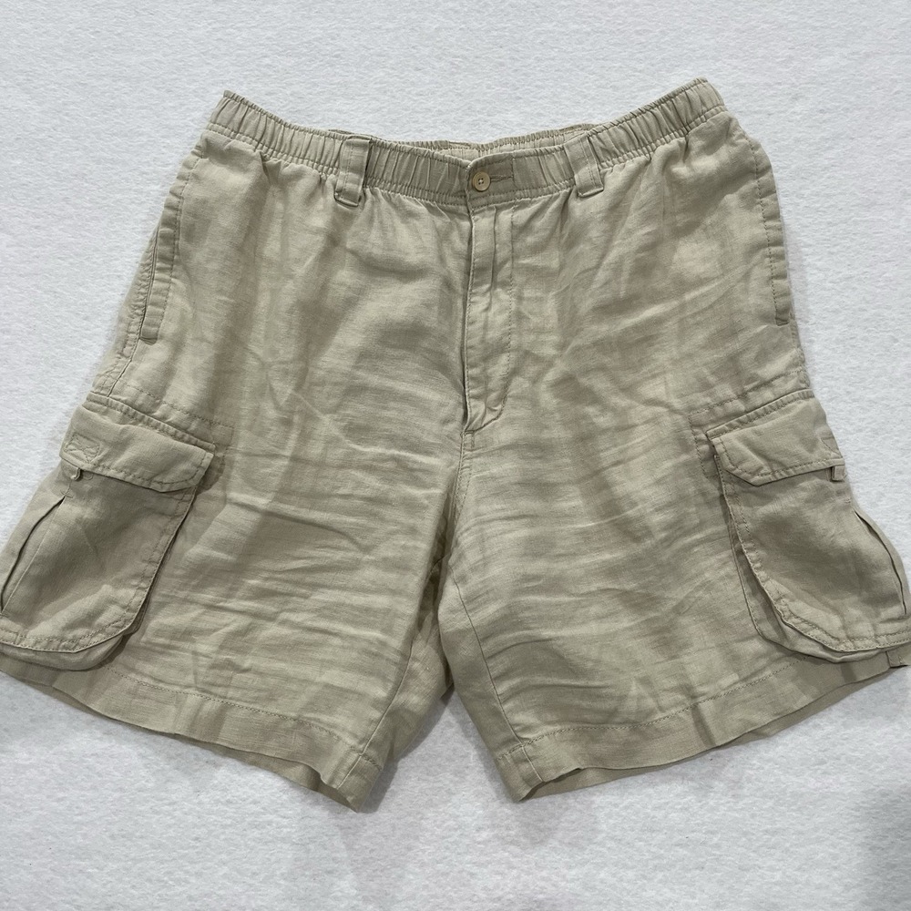 Caribbean Mens 100% Linen Cargo Shorts Tan Beige Elastic Waist Size 36